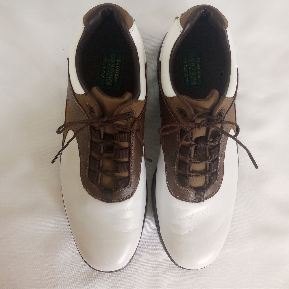 FootJoy Contour Series Leather White and Brown Soft spike Golf Shoes Sz 11M - Picture 2 of 9